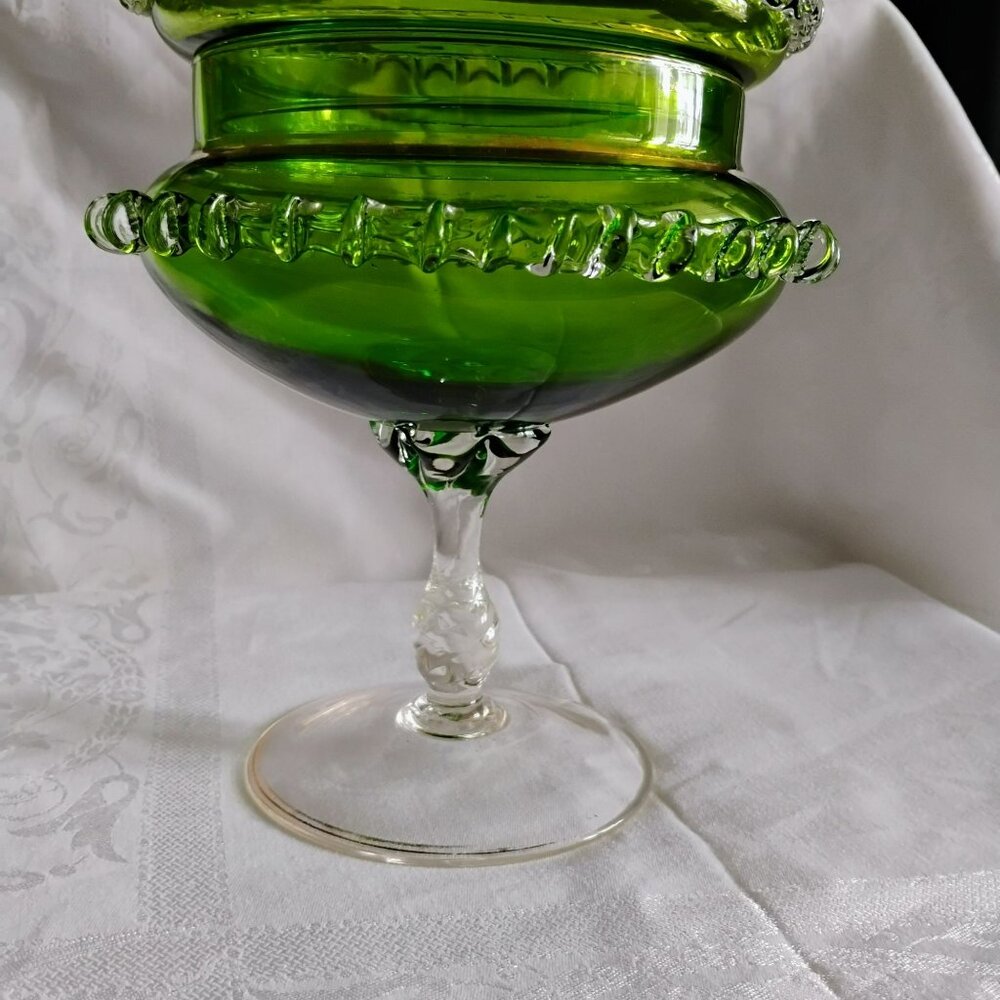 MCM Empoli Green Glass Compote Lidded Candy Dish Rigaree Edge Gilt Gold Romantic - Picture 7 of 13
